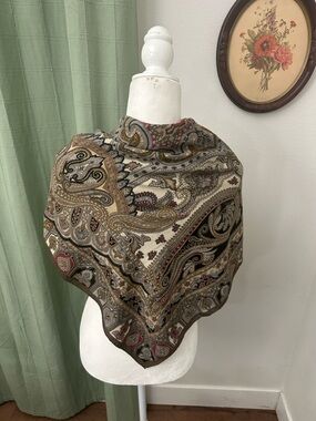 Vintage Ornate Paisley Square Scarf in Black, Cream & Red
